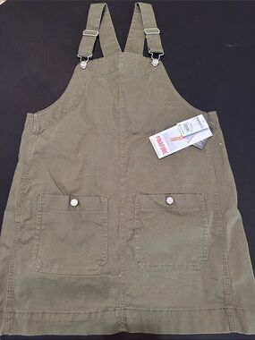 Olive Green Utility Overalls Pinafore Dress
